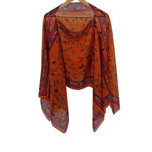 Orange Sheer Floral Elephant Print Button Shawl Blouse Top‎ Cover Up